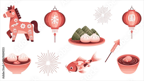 Chinese New Year 2026 Vector Set – Year of the Horse, Lanterns, Firecrackers, Dragon, Zodiac Horse, Food & Lucky Symbols 