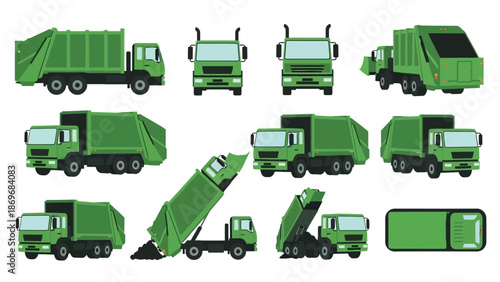 Collection of green garbage trucks in various views and stages of operation