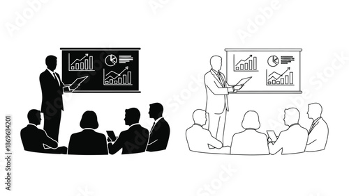 Business presentation with graphs and charts to an audience in a meeting