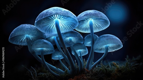 Luminous Fungi: Captivating image of glowing mushrooms radiating a soft, ethereal light against a dark backdrop.
