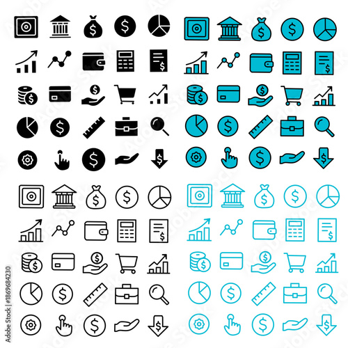 Business and Finance Icon Set Outline and Filled Style for UI and App Design
