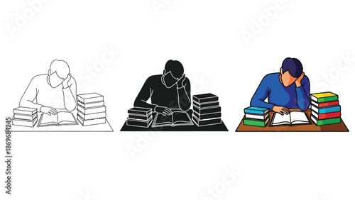 Student studying hard at desk with large stack of books, illustration set showing line art, silhouette, and color versions