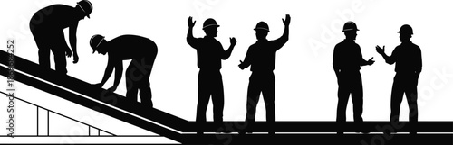 Construction worker silhouettes coordinating teamwork on building site, labor planning, industrial collaboration, black vector illustration isolated on white background design
