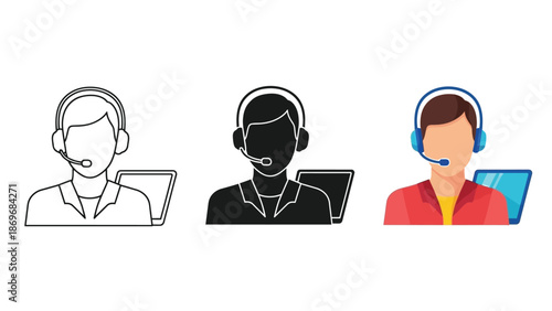 Customer support agent with headset and laptop icon set outline, solid, and color variations