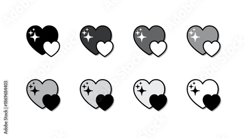 A collection Monochrome of eight heart icons in two rows. Each icon has  a sparkle and a smaller, black heart. 
