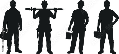 Construction worker silhouettes holding tools and equipment, professional labor roles, industrial workforce strength, black vector illustration isolated on white background