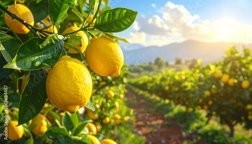 Lush Lemon Orchard - A Sunny Citrus Grove in Full Bloom.