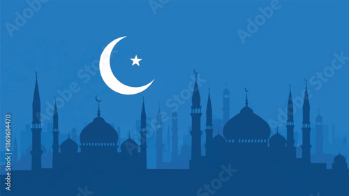Silhouette of a mosque with crescent moon and star against a clear blue sky
