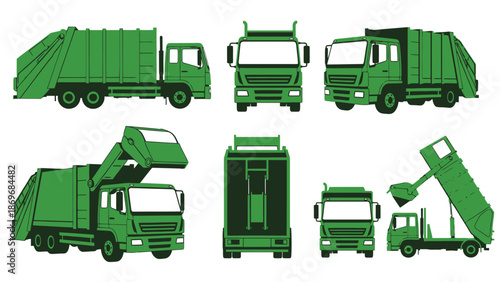 Green garbage trucks in various views and operational stages illustration