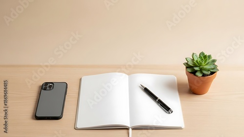 Minimalist Desk Setup with Open Notebook, Pen, Smartphone, and Potted Plant.