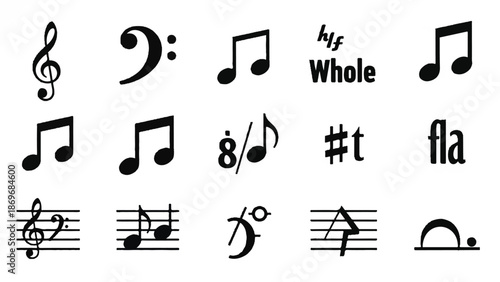 Various musical symbols and notations displayed on a white background
