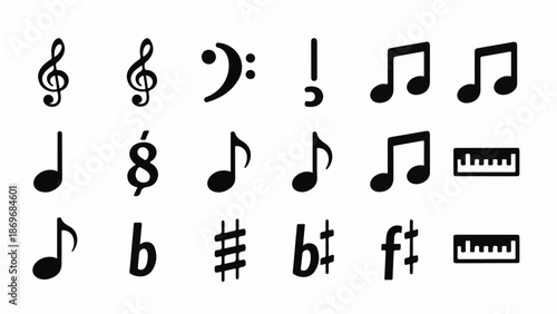 Collection of various musical symbols and notations on a white background