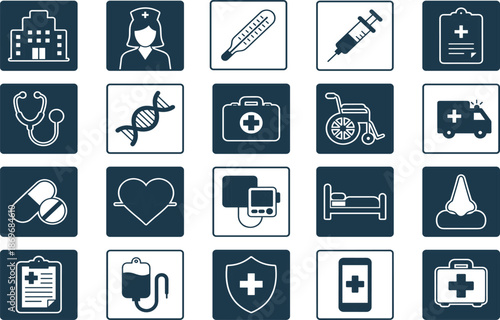   
Black line icons for healthcare and medicine including hospital, nurse, syringe, wheelchair, and medical report, isolated on white background
