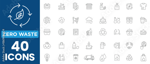 Zero Waste line icon set in minimal style. Collection of eco linear icons including recycling, waste management, compost, landfill, waste sorting and sustainability. Editable stroke vector