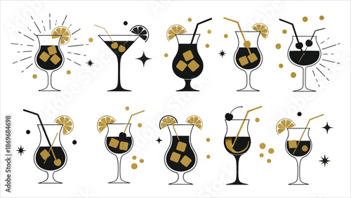 Cocktail illustration set black and gold graphic design with holiday elements