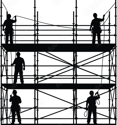 Construction worker silhouettes on scaffolding structure, working at height, industrial safety teamwork, black vector illustration isolated on white background