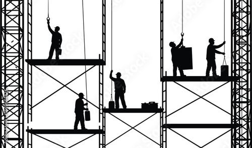 Construction worker silhouettes on scaffolding platforms with lifting equipment, building installation, industrial teamwork, black vector illustration isolated on white background