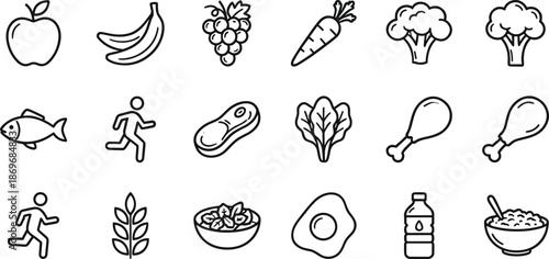 Black line icons for healthy lifestyle including fruits, vegetables, exercise, hydration, and nutrition, isolated on white background