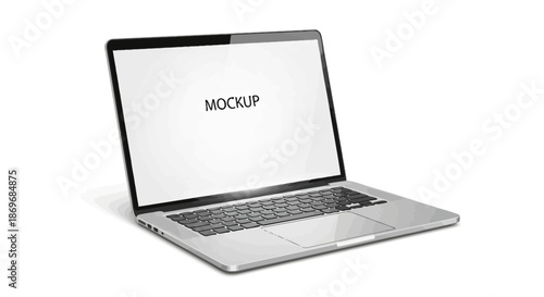 A silver laptop computer with a blank white screen and black keyboard on a plain white background for mockup or template purposes with technology