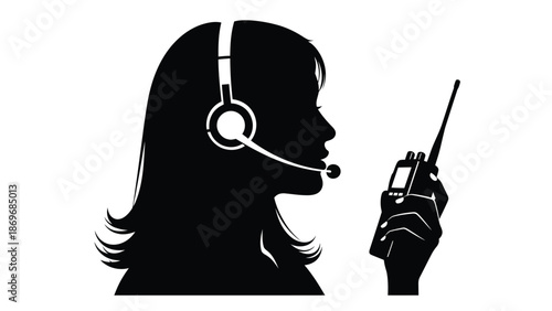 Silhouette of a woman using a headset and holding a walkie talkie