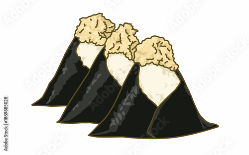 three delicious onigiri With ground fish topping Japanese food. Yummy Triangle rice for breakfast 