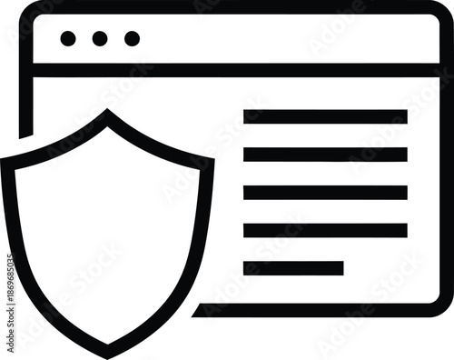A simple black line icon of a browser window with a shield symbolizing online security and protection