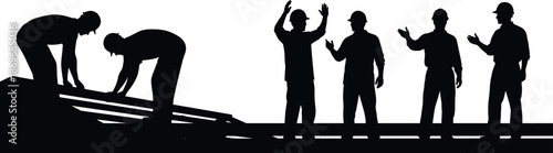 Construction worker silhouettes teamwork on building site, labor coordination, industrial collaboration, black vector illustration isolated on white background design