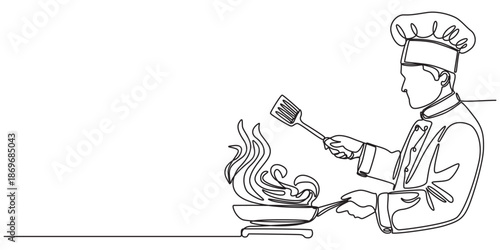 continuous line drawing of chef preparing food, Japanese Sushi Chefs Preparing Rolls in Restaurant Kitchen. Continuous Line Art Set