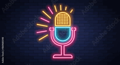 Vibrant neon microphone illustration with radiant lines on dark brick background for podcasting and broadcasting themes with radio and music
