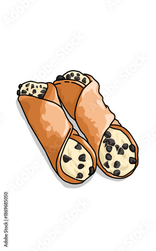 two rolls of delicious cannoli with chocolate chips on them. Sweet dessert food
