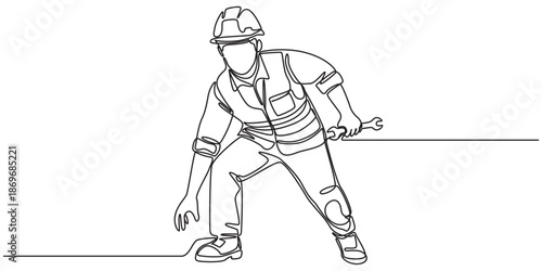 Single continuous line drawing of young construction worker. Building architecture business concept. One line draw design transparent background