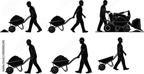 Construction worker silhouettes with wheelbarrows and excavator, earthmoving labor tasks, industrial machinery operation, black vector illustration isolated on white background