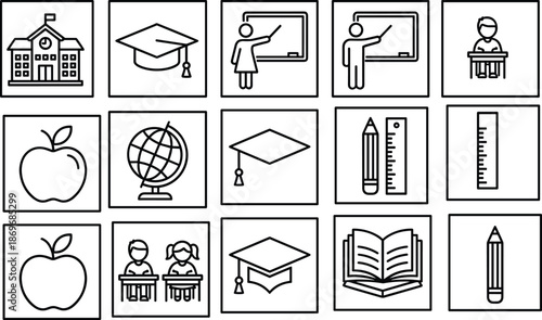 Black line icons for school and education including teacher, student, graduation cap, apple, and classroom tools, isolated on white background