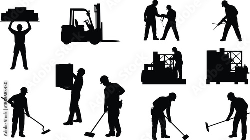 Industrial worker silhouettes collection with forklift operators, factory laborers, construction tasks, warehouse jobs, black vector icons isolated background on white
