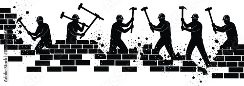 Demolition worker silhouettes destroying brick wall with hammers, construction labor action, industrial teamwork, black vector illustration isolated on white background