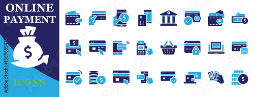 Editable online payment and digital banking icon set. Finance, money transfer, credit card, wallet, and e-commerce vector symbols in blue solid style.
