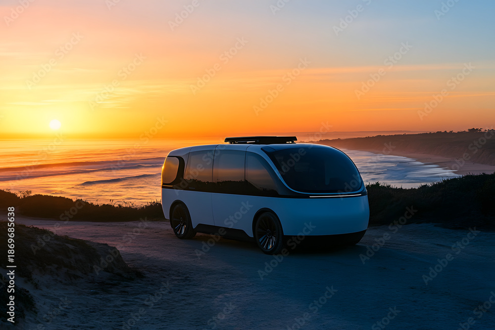 Naklejka premium Sustainable Road Trip Along Scenic Coastlines in Electric Vehicle 
