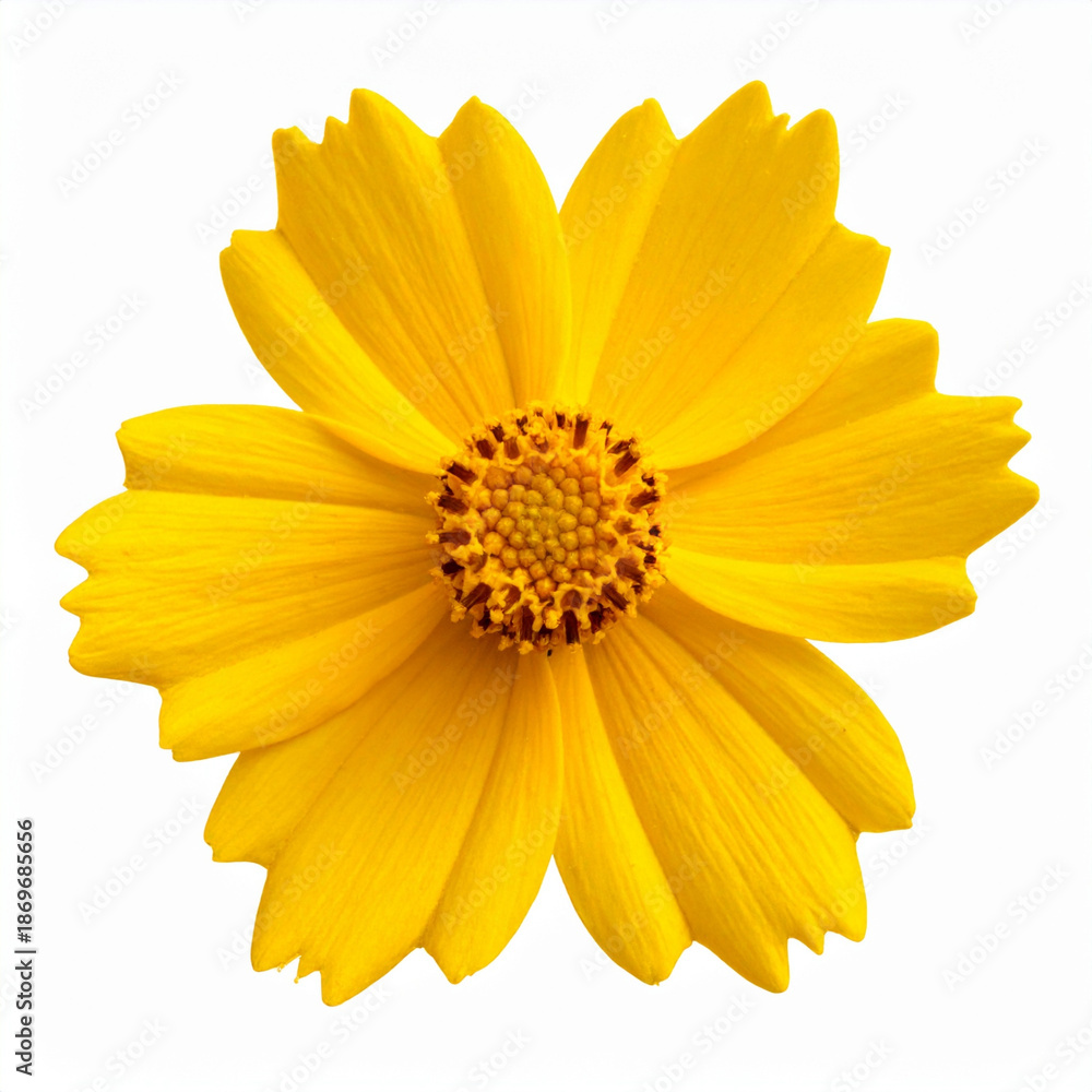 Obraz premium Bright yellow Coreopsis lanceolata flower isolated on white background. Clean botanical macro with detailed petals, ideal for design, nature concepts, wellness, education, and seasonal projects.