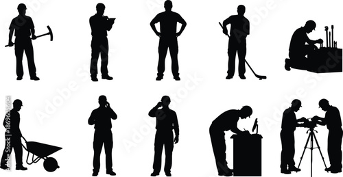 Industrial worker silhouettes set with tools, construction labor roles, factory and maintenance jobs, black vector icons isolated on white background