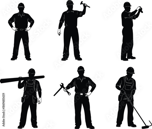 Industrial worker silhouettes with tools and equipment, construction labor roles, professional workforce actions, black vector illustration isolated on white background