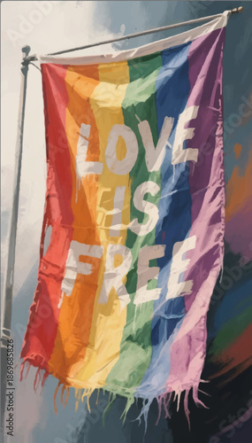 Illustration of an LGBT flag flying in the wind on a flagpole with the inscription love is free. Vector. EPS_02.