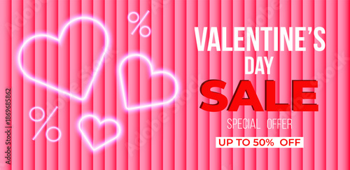 Valentines Day Sale Banner with glowing neon heart shapes, pink striped gradient background, bold typography. Romantic promotional design for ecommerce, advertising, social media, seasonal discount 