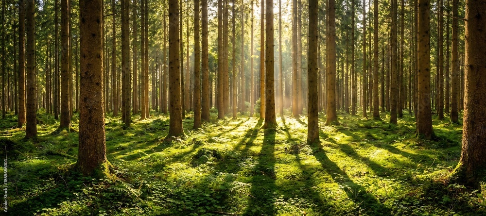 Obraz premium Beautiful sunny morning in green forest