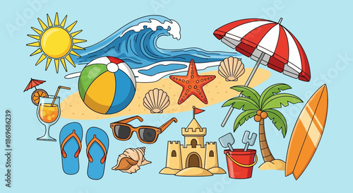 Vibrant beach illustration with summer elements including sandcastle palm tree surfboard beach ball sunglasses flip flops and cocktail with vacation