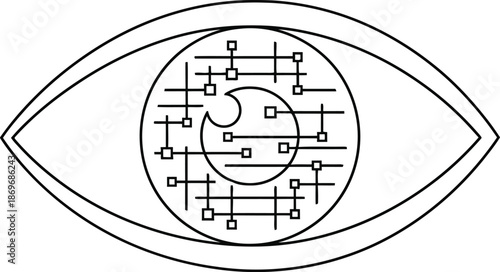 A futuristic illustration of an eye with a circuit board design in the iris on a white background