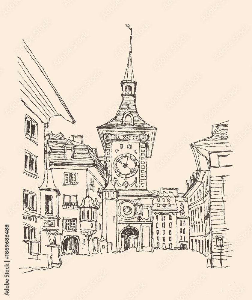 Naklejka premium Sketch illustration. Travel sketch of Zytglogge Clock Tower in Bern, Switzerland. Liner sketches architecture of the street. Freehand drawing. Urban sketch in retro style isolated on beige background.