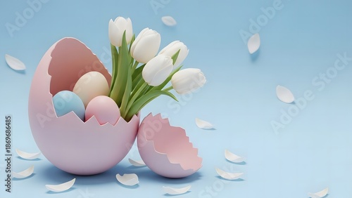 Easter eggshell bouquet with white tulips and petals on blue background