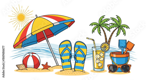 A colorful beach scene with umbrella flip flops and refreshing summer drinks on sandy shore with palm trees with vacation and relaxation and leisure