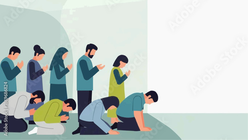 A diverse group of people engaged in prayer, with their hands raised or in a bowing posture, symbolizing faith and devotion
