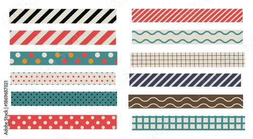 Collection of decorative tape strips featuring vibrant colors and patterns, suitable for crafting, journaling, scrapbooking, DIY projects, and professional vector illustration